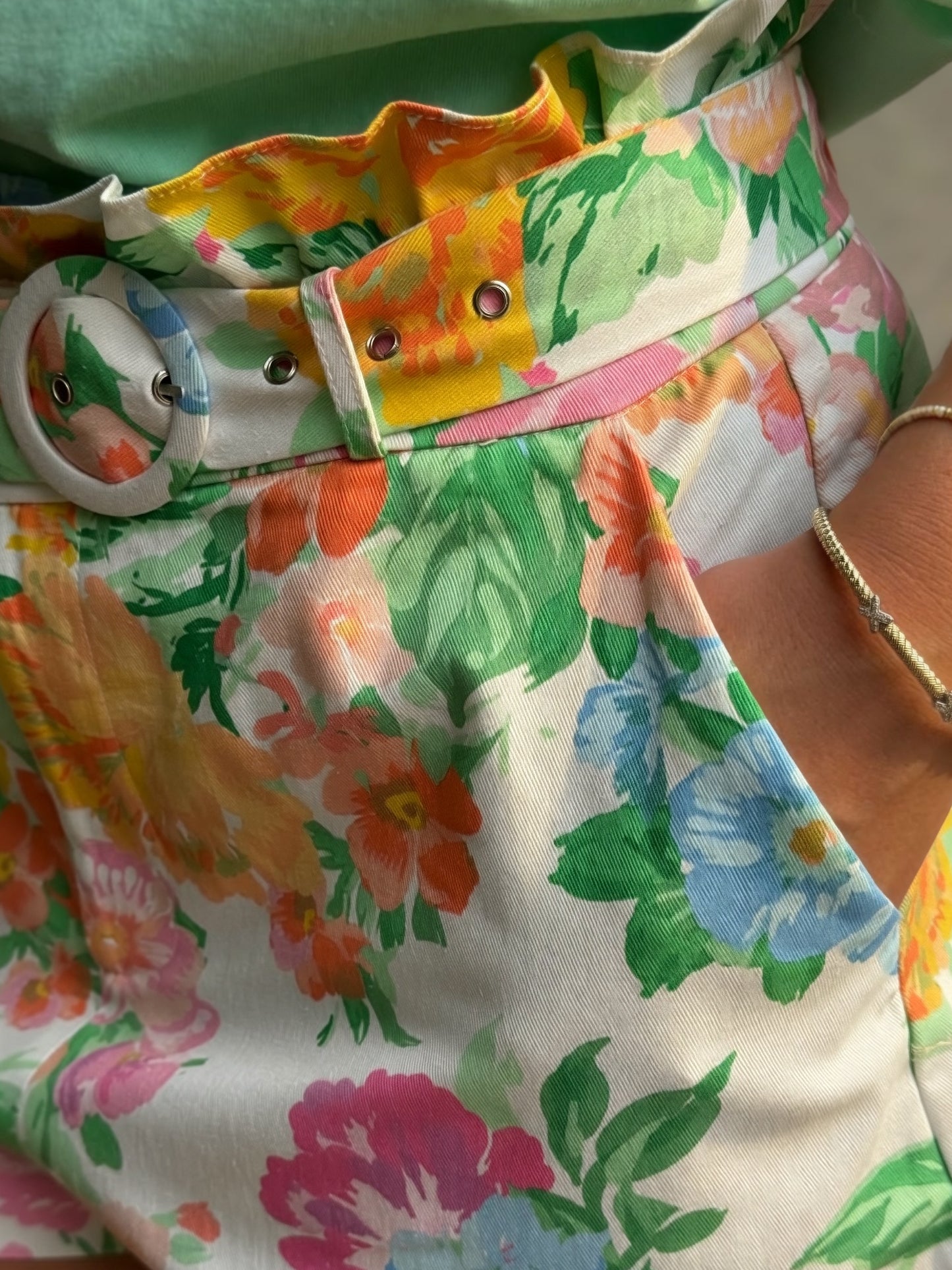 floral belted shorts women garden print high waisted ruffle waist cotton tailored summer outfit