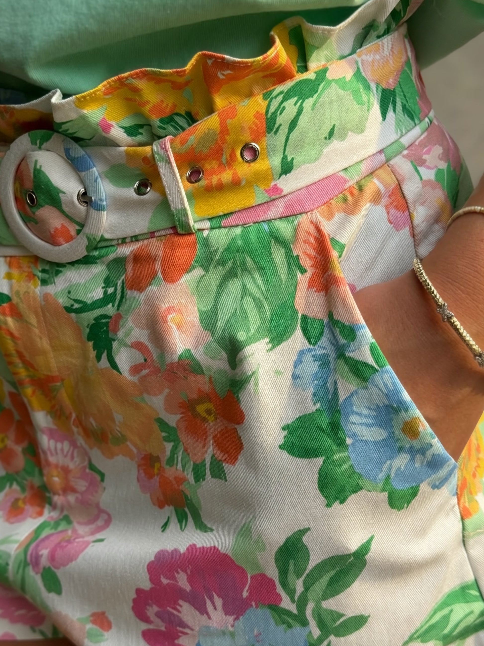 floral belted shorts women garden print high waisted ruffle waist cotton tailored summer outfit