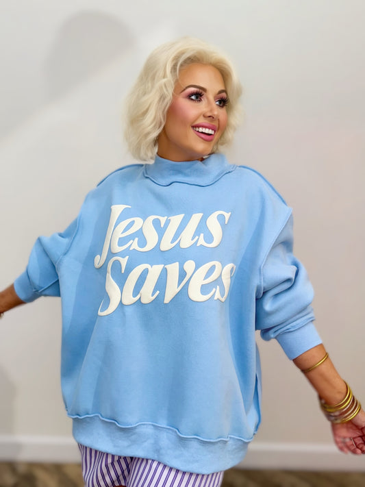 sky blue Jesus Saves oversized mock neck Christian sweatshirt with puff print graphic