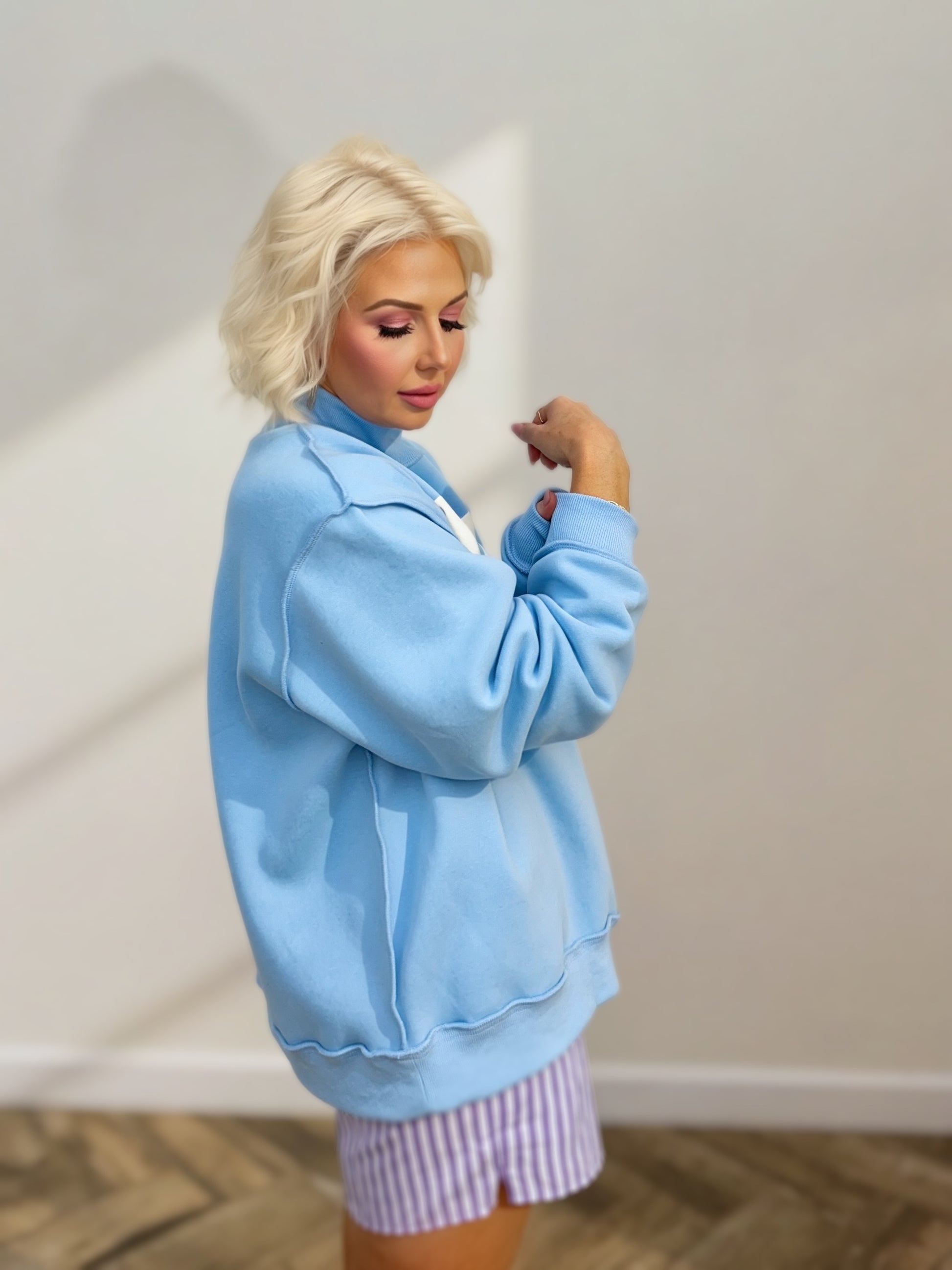 sky blue Jesus Saves oversized mock neck Christian sweatshirt with puff print graphic