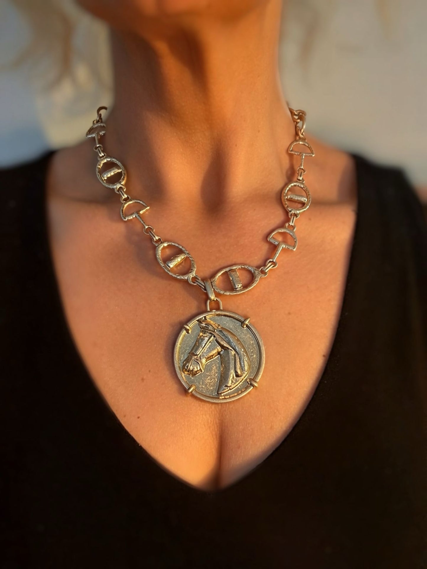 Derby Girl Necklace Set Featuring Horsehead Round Coin & Horsebit Chain