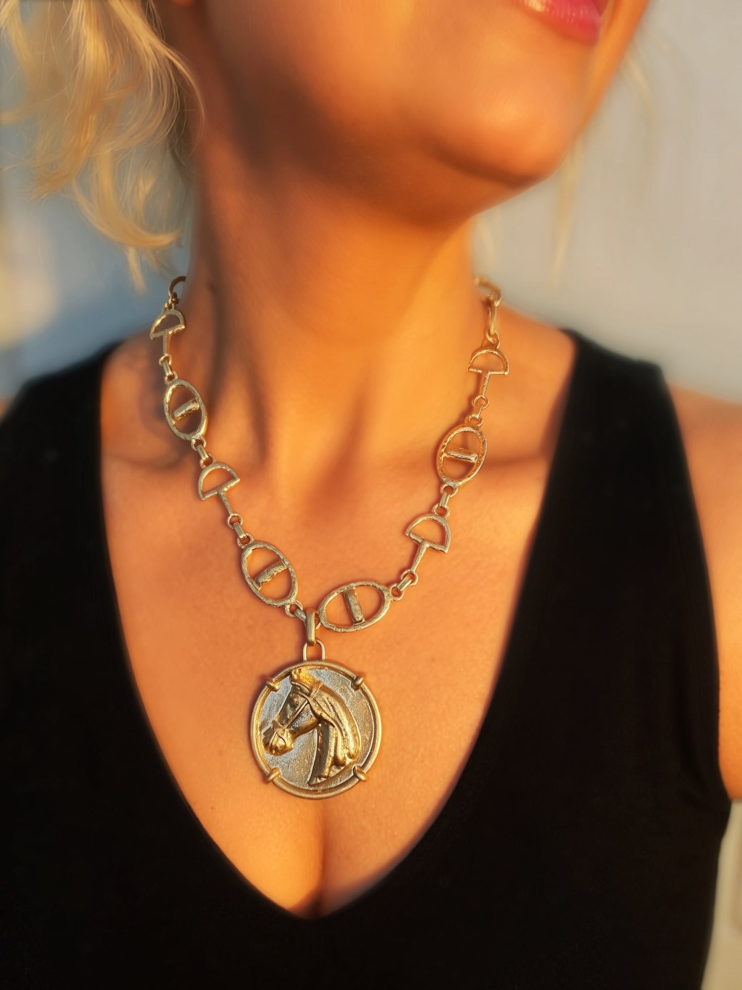 Derby Girl Necklace Set Featuring Horsehead Round Coin & Horsebit Chain