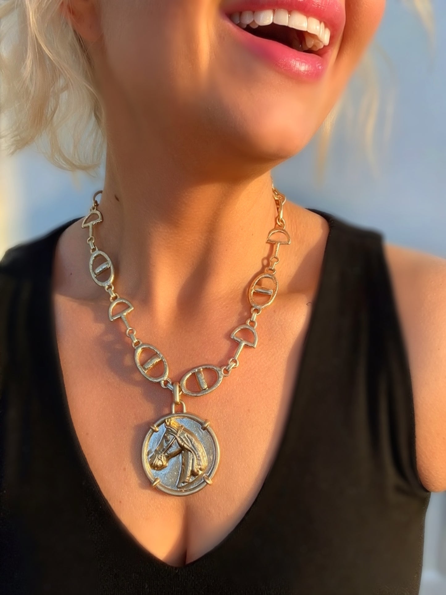 Derby Girl Necklace Set Featuring Horsehead Round Coin & Horsebit Chain