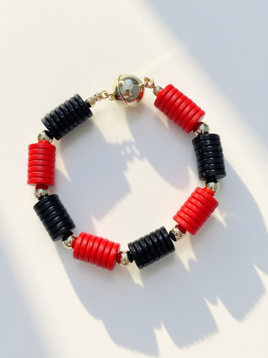 Red & Black Game Day Flat Bead Magnetic Bracelet