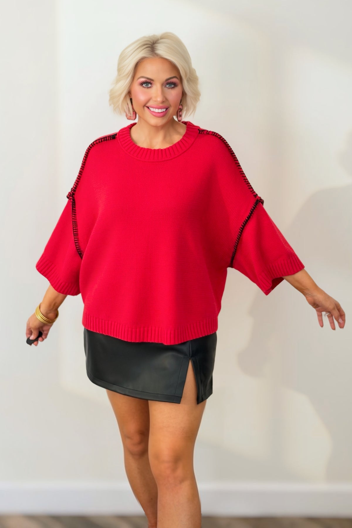Red & Black Blanket Stitch Short Sleeve Sweater