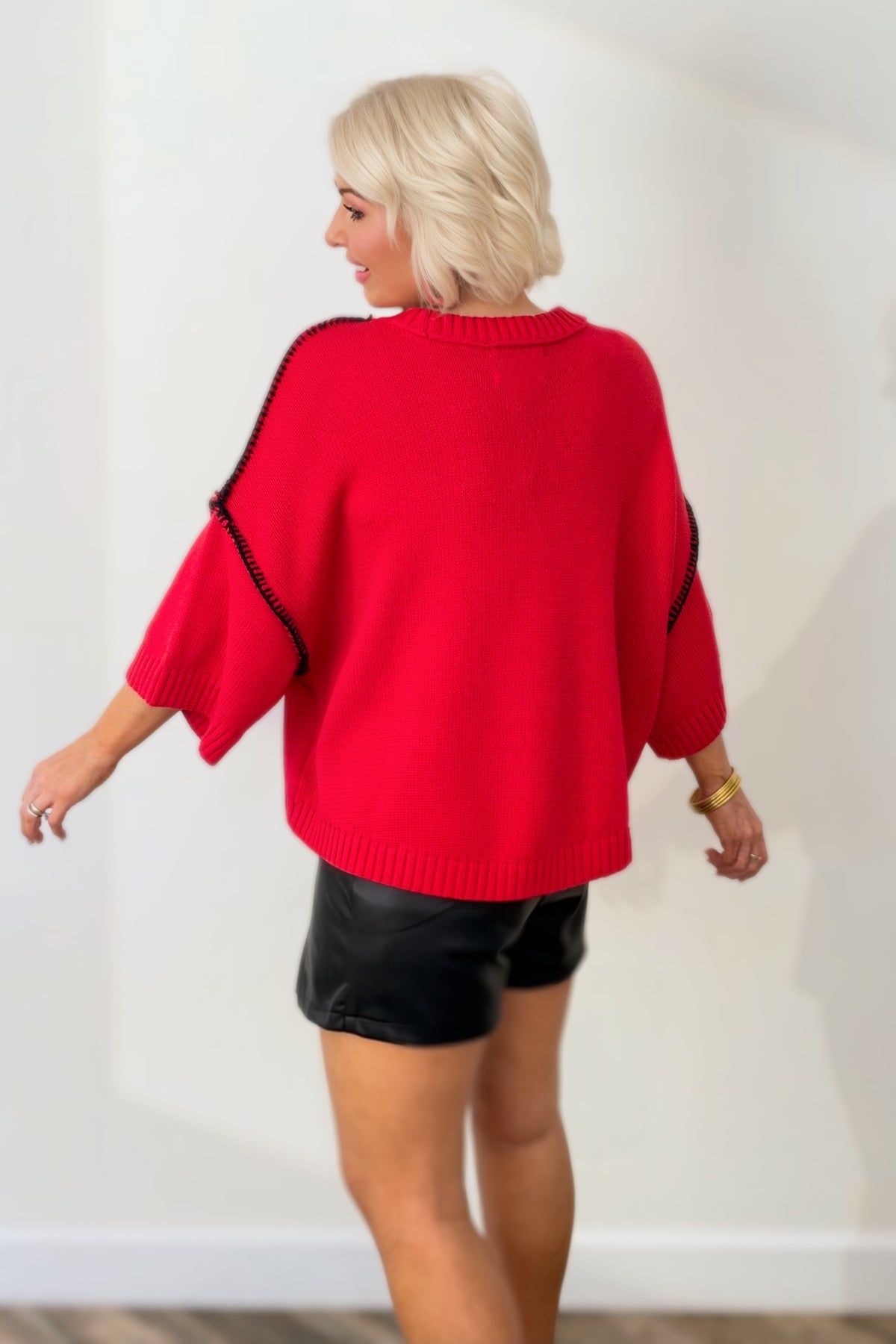 Red & Black Blanket Stitch Short Sleeve Sweater