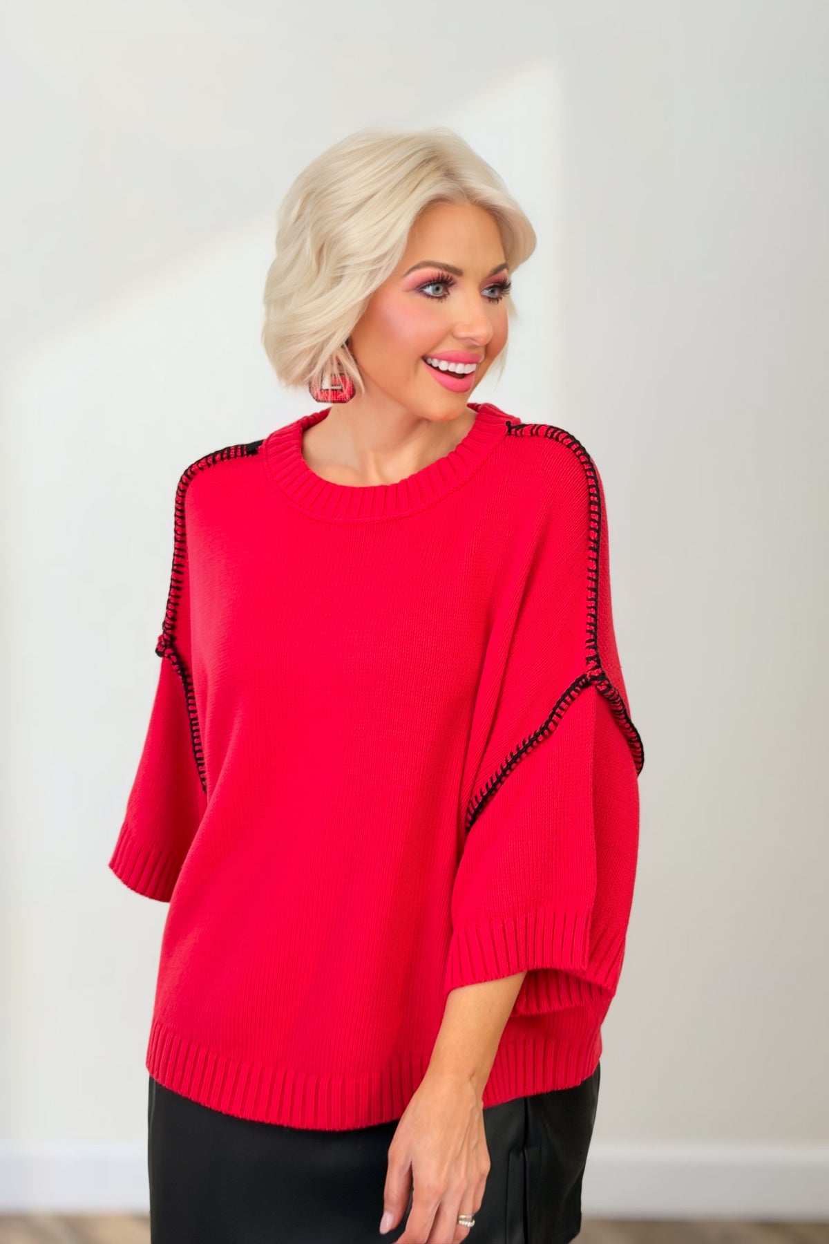 Red & Black Blanket Stitch Short Sleeve Sweater