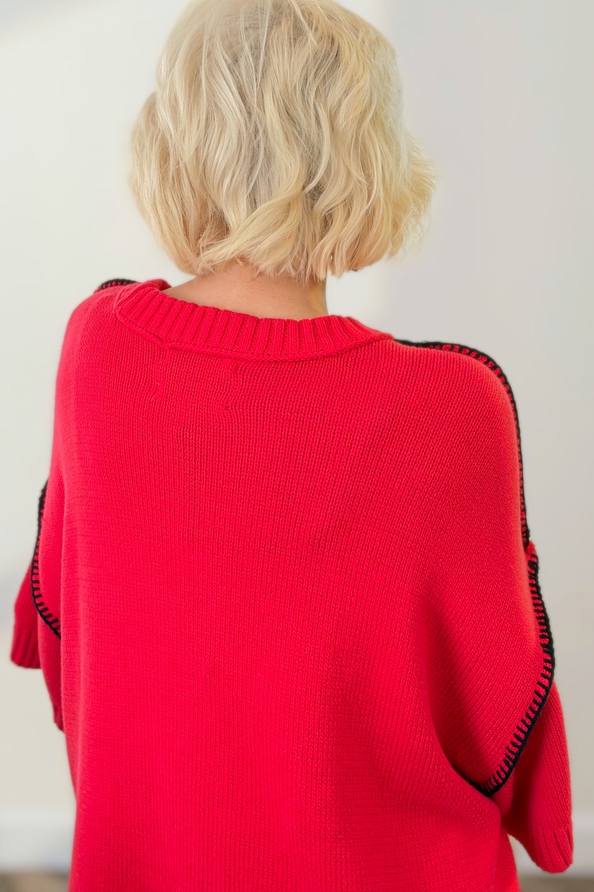 Red & Black Blanket Stitch Short Sleeve Sweater