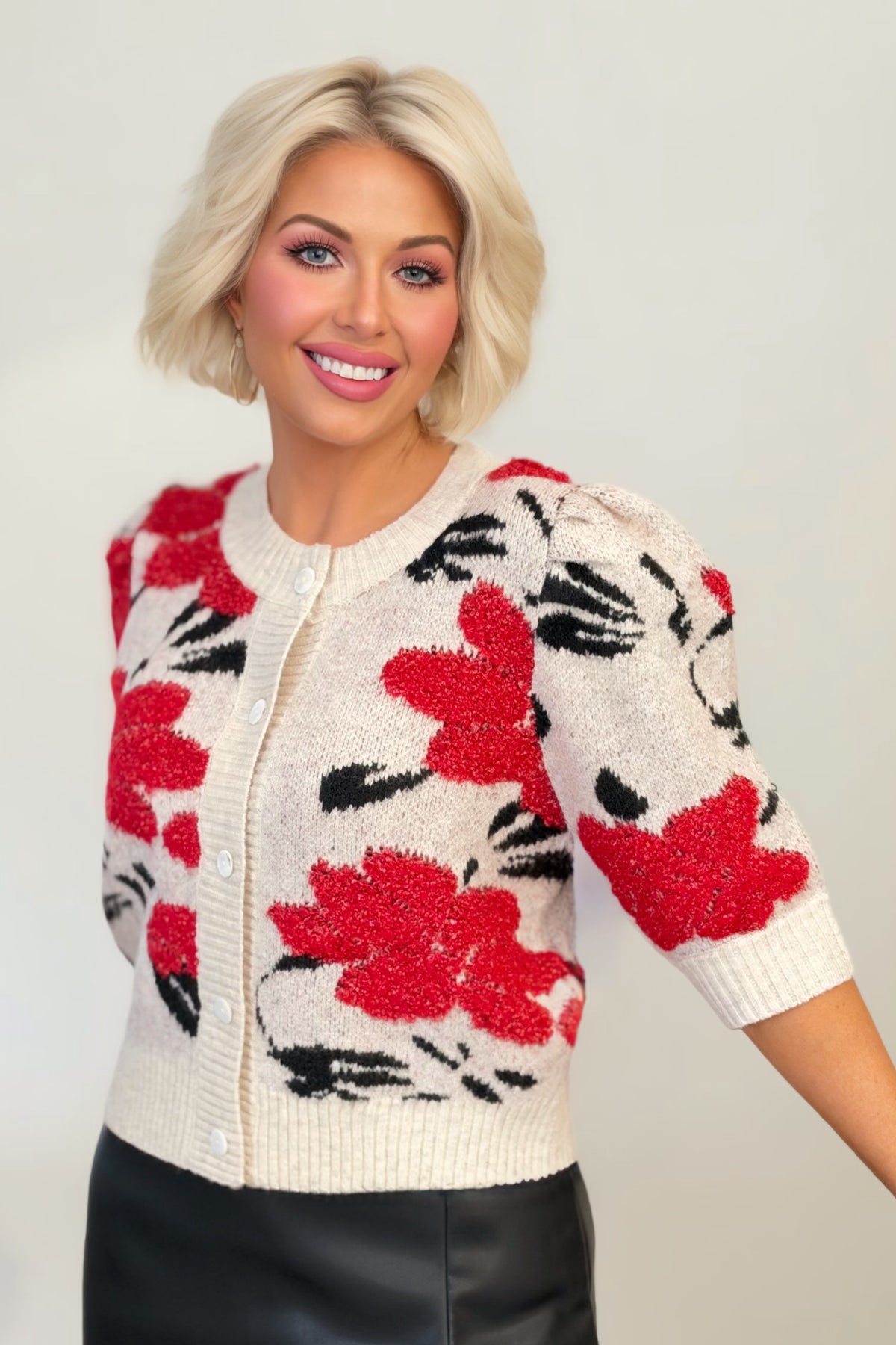 Cream & Red Floral Puff Sleeve Sweater Cardigan