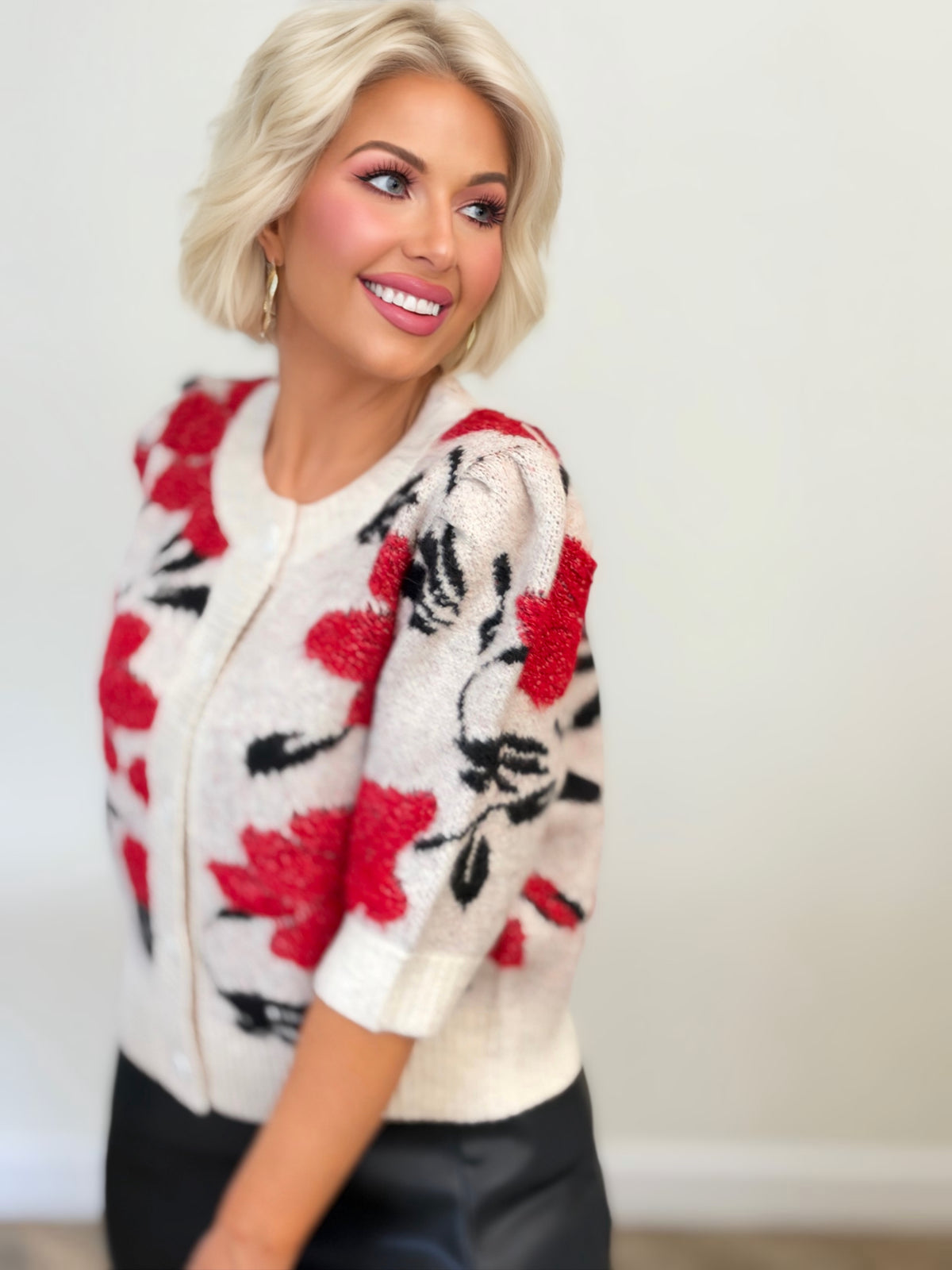 Cream & Red Floral Puff Sleeve Sweater Cardigan