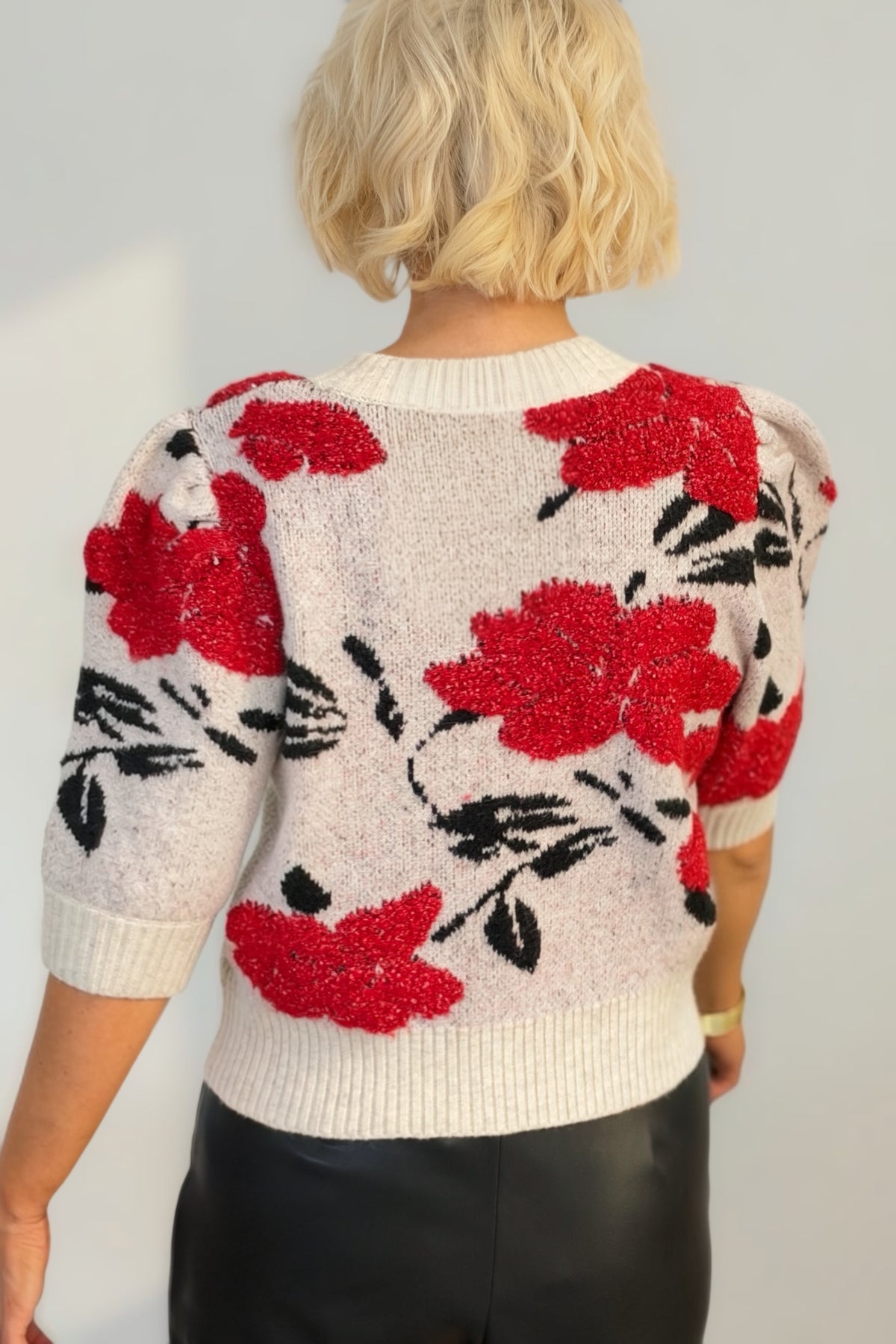 Cream & Red Floral Puff Sleeve Sweater Cardigan