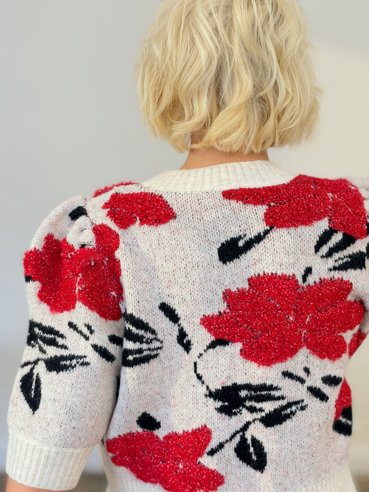 Cream & Red Floral Puff Sleeve Sweater Cardigan