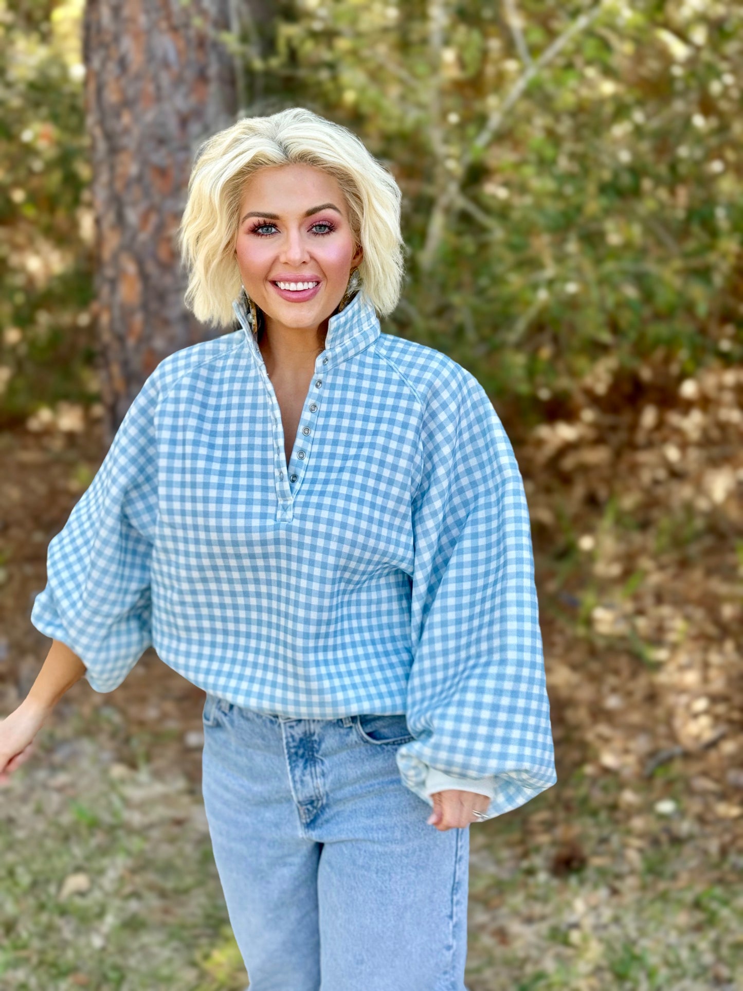 Preppy Picnic Blue & White Gingham Quarter Snap Button Pullover