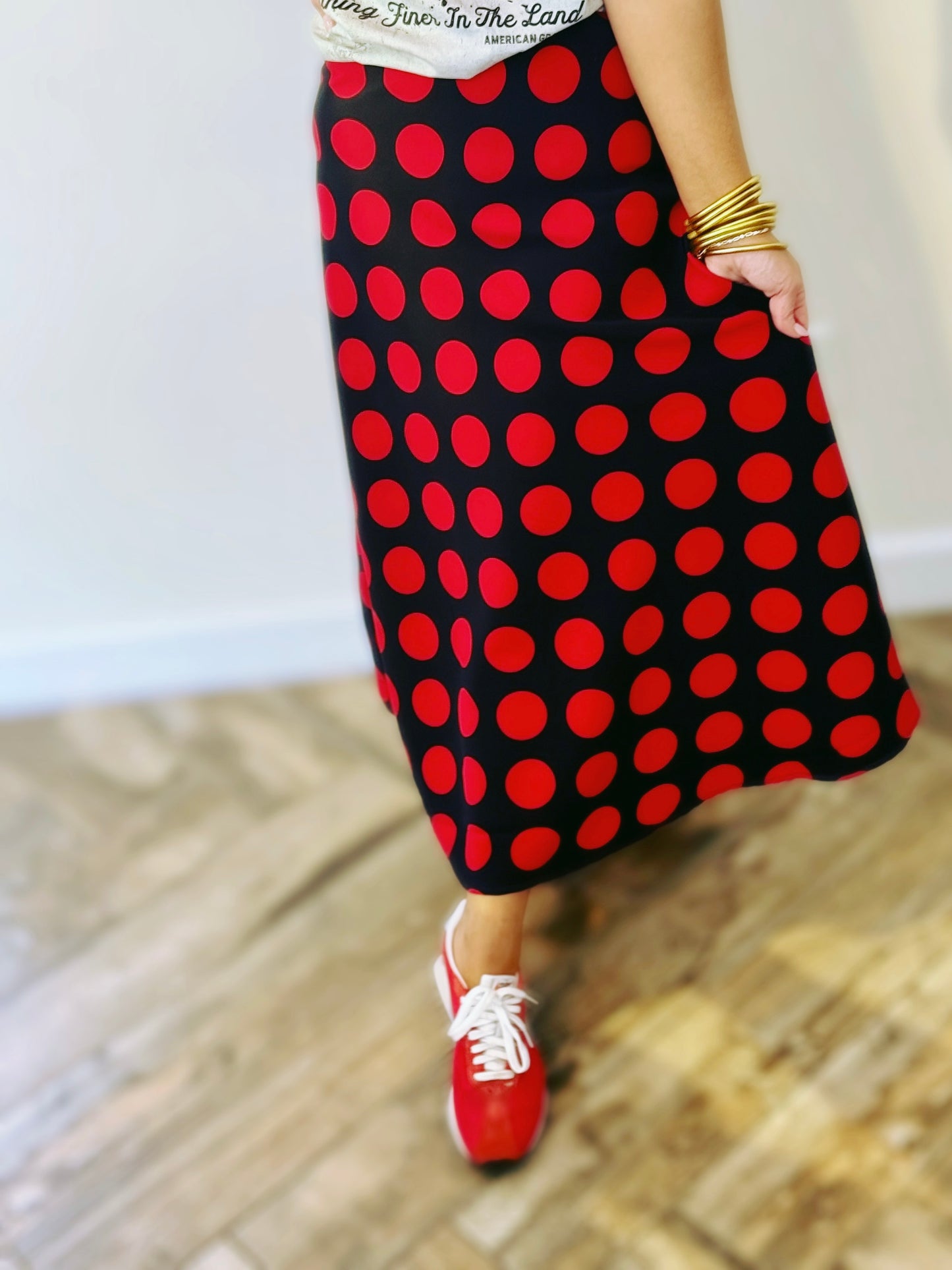 Red & Black Polka Dot Midi Skirt – Classic Statement Skirt