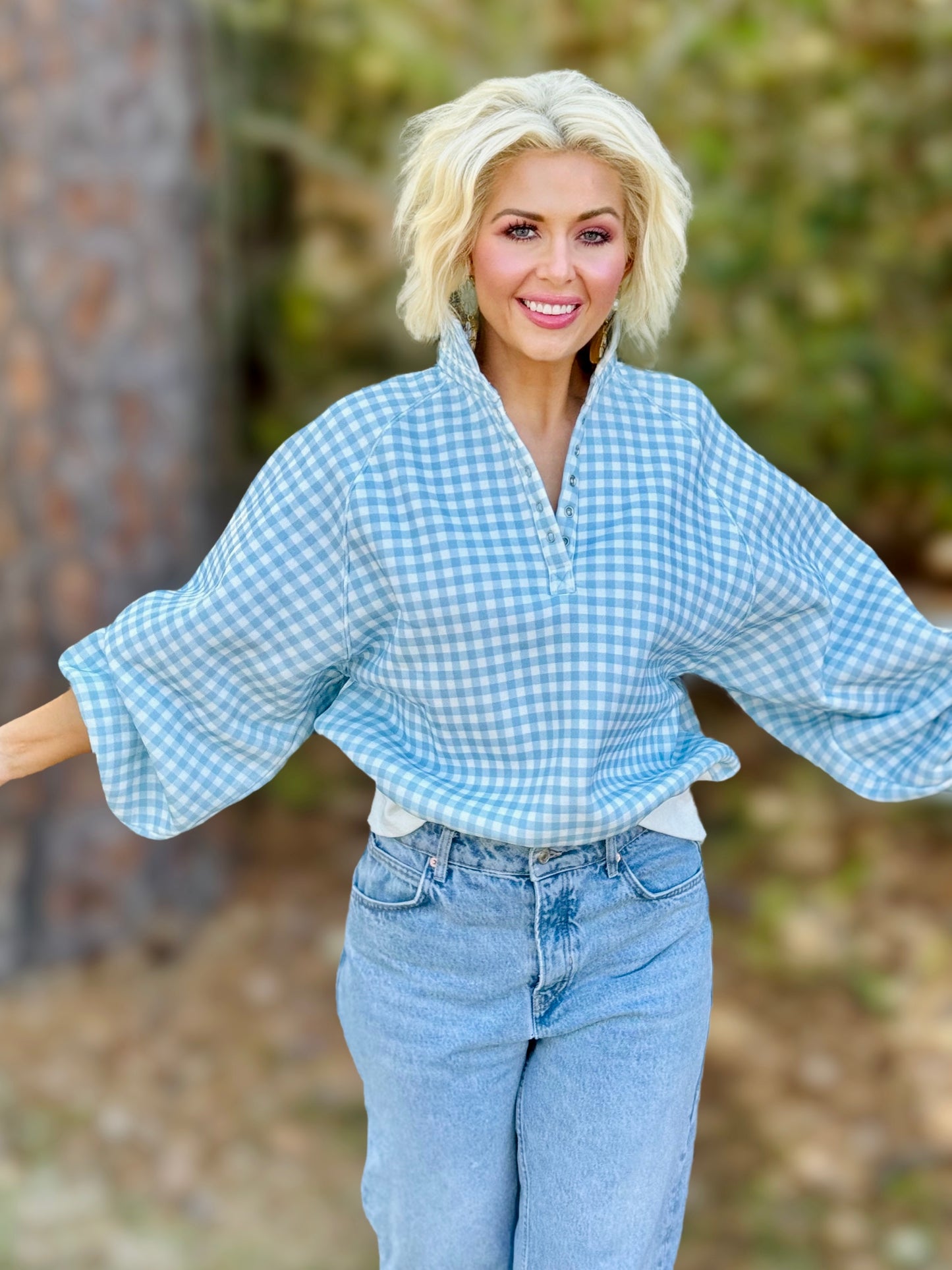 Preppy Picnic Blue & White Gingham Quarter Snap Button Pullover