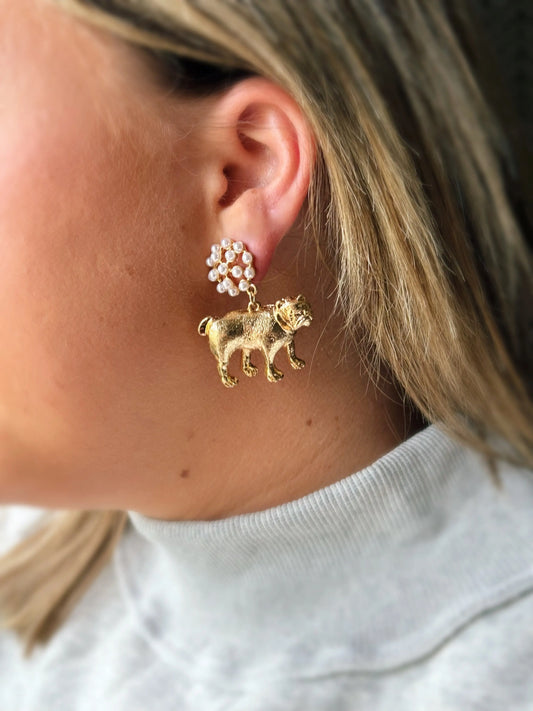 Vintage Gold Bulldog & Pearl Drop Earrings American Graham Apparel