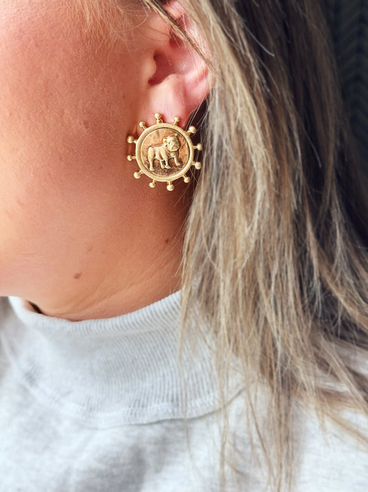 Vintage Gold Textured Bulldog Coin Earrings American Graham Apparel