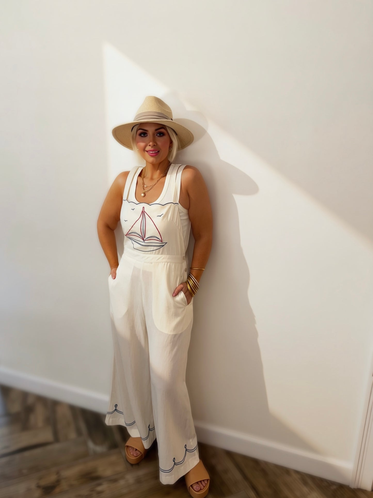 Nautical Embroidered Wide-Leg Jumpsuit – Coastal Summer Outfit