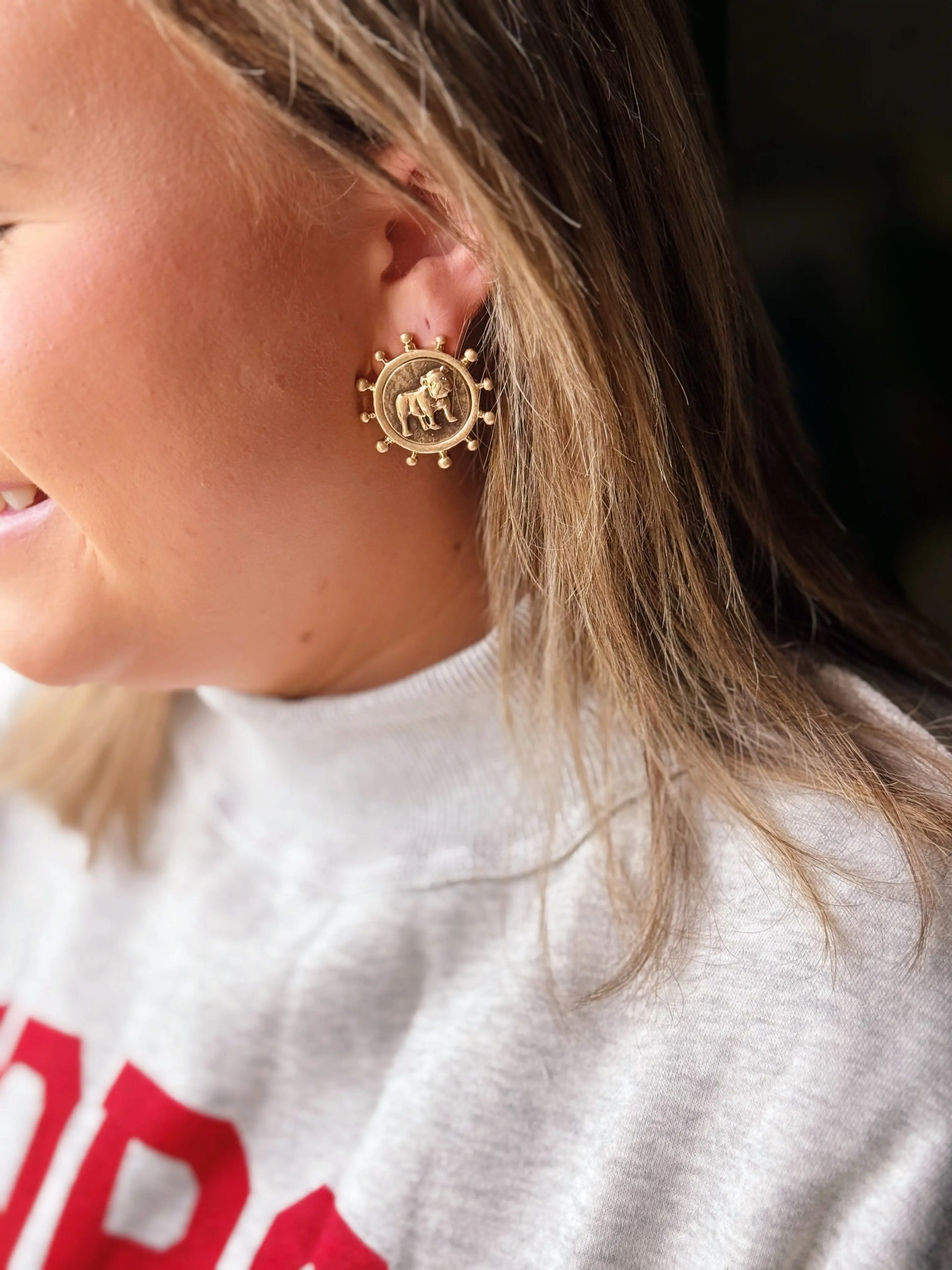 Vintage Gold Textured Bulldog Coin Earrings American Graham Apparel