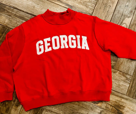Red Embroidered "Georgia" Oversized Fleece Pullover BUCKETLIST