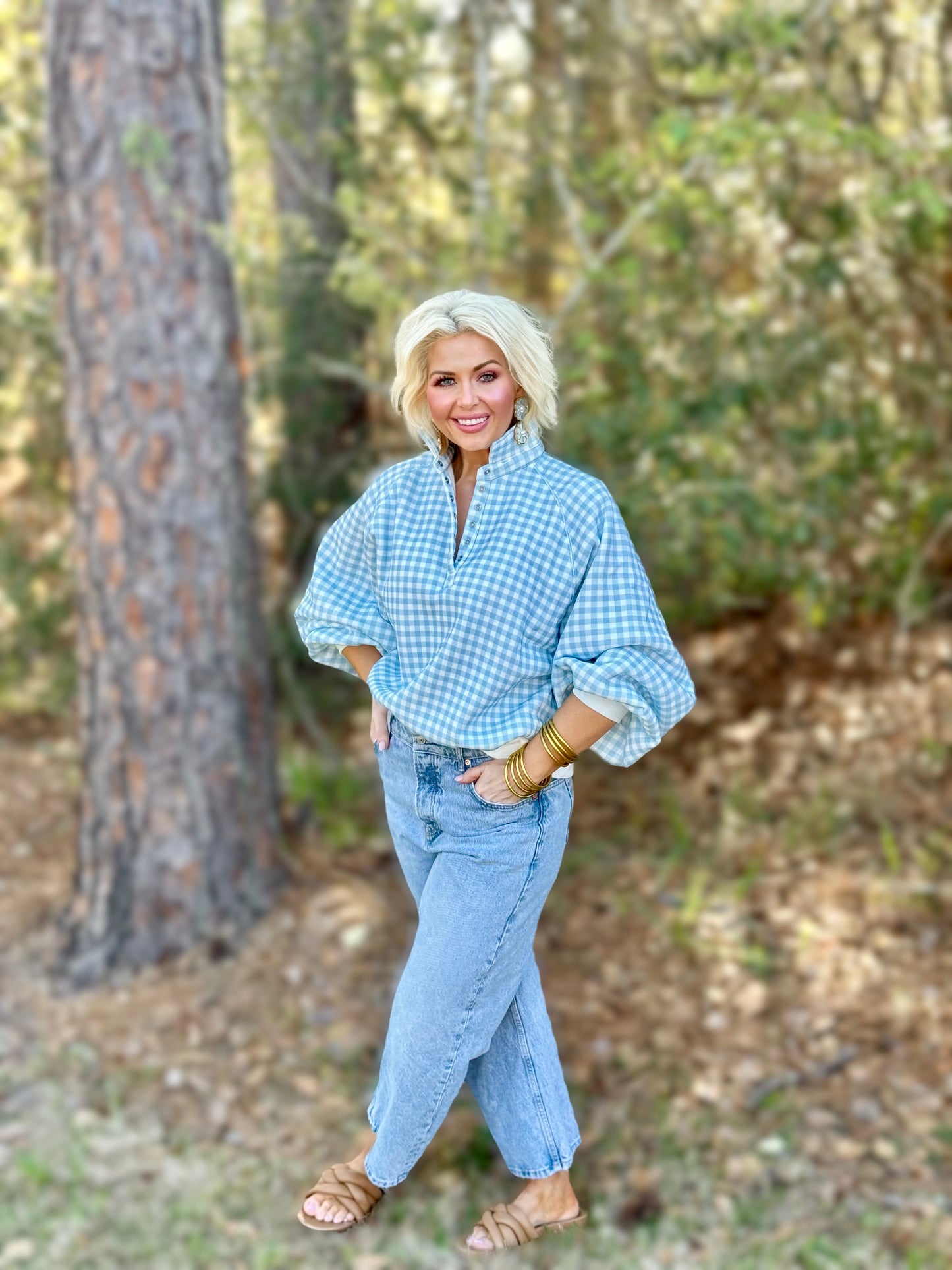 Preppy Picnic Blue & White Gingham Quarter Snap Button Pullover