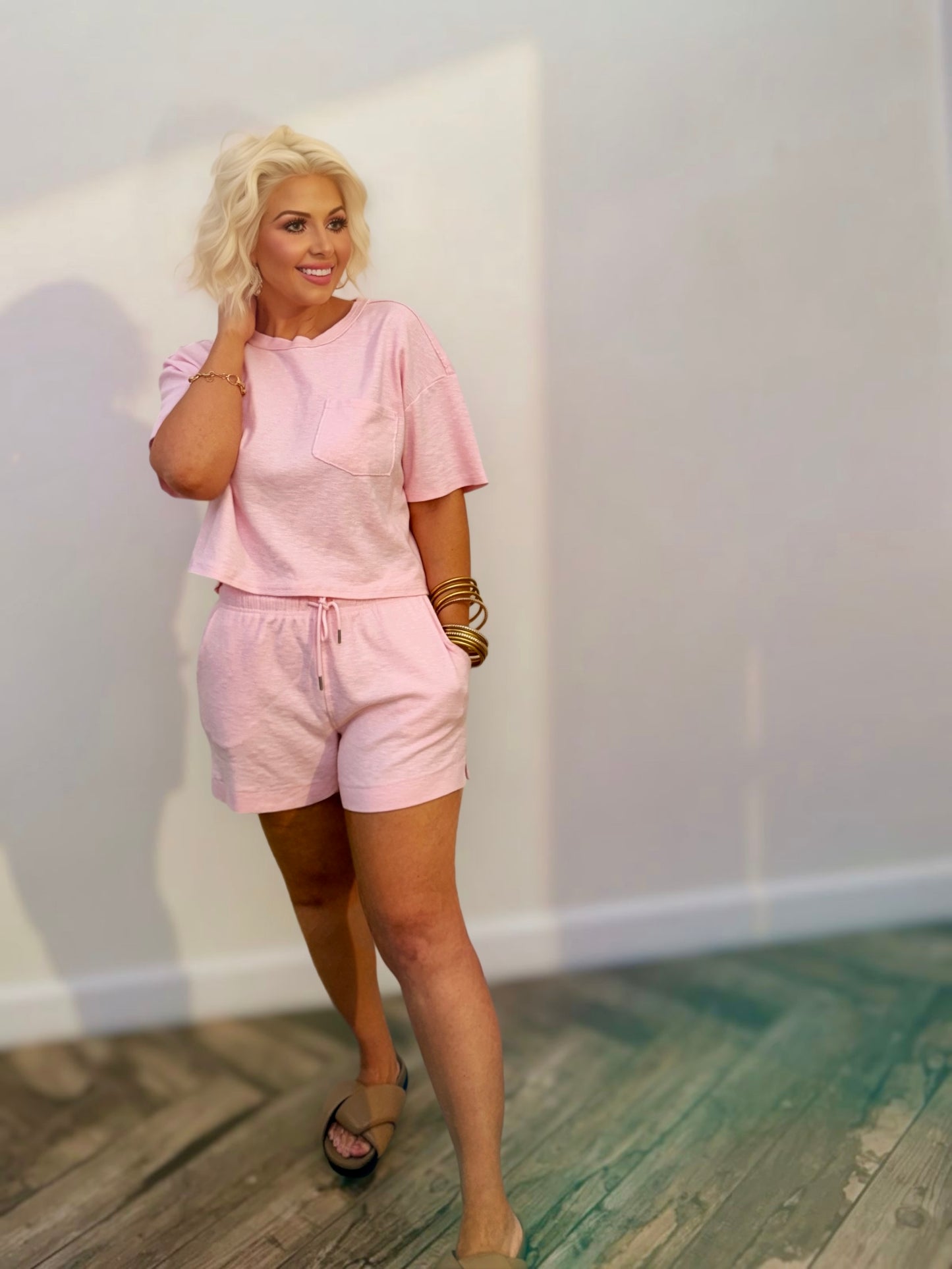 Pink Drawstring Lounge Shorts | Elastic Waist Casual Shorts | Matching Set Bottom