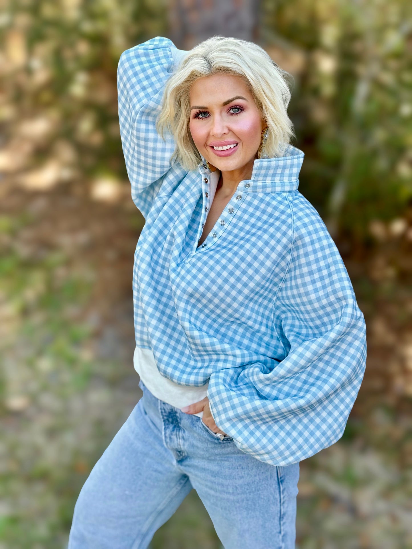 Preppy Picnic Blue & White Gingham Quarter Snap Button Pullover