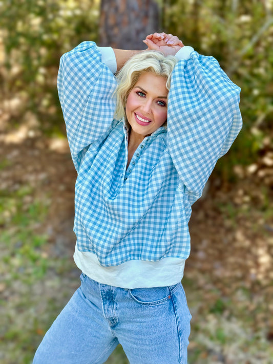 Preppy Picnic Blue & White Gingham Quarter Snap Button Pullover