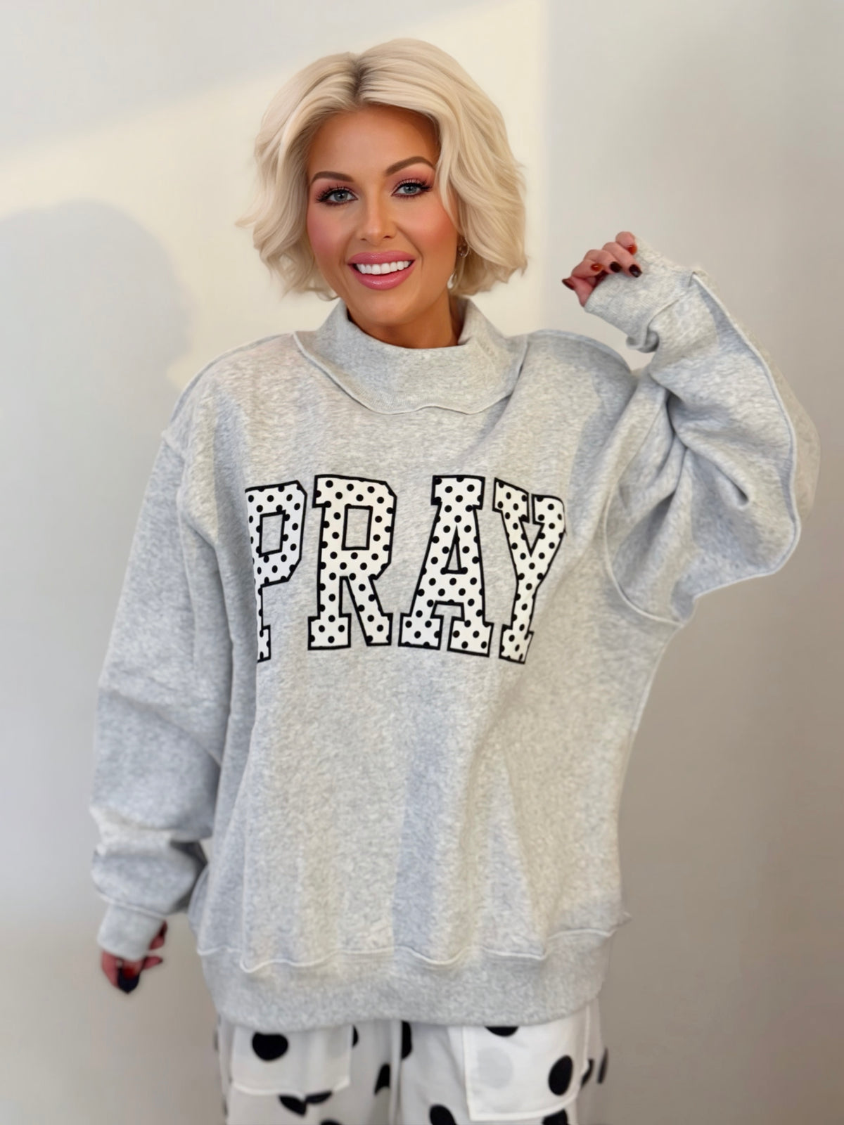 Polka Dot PRAY Appliqué Oversized Mock Neck Sweatshirt