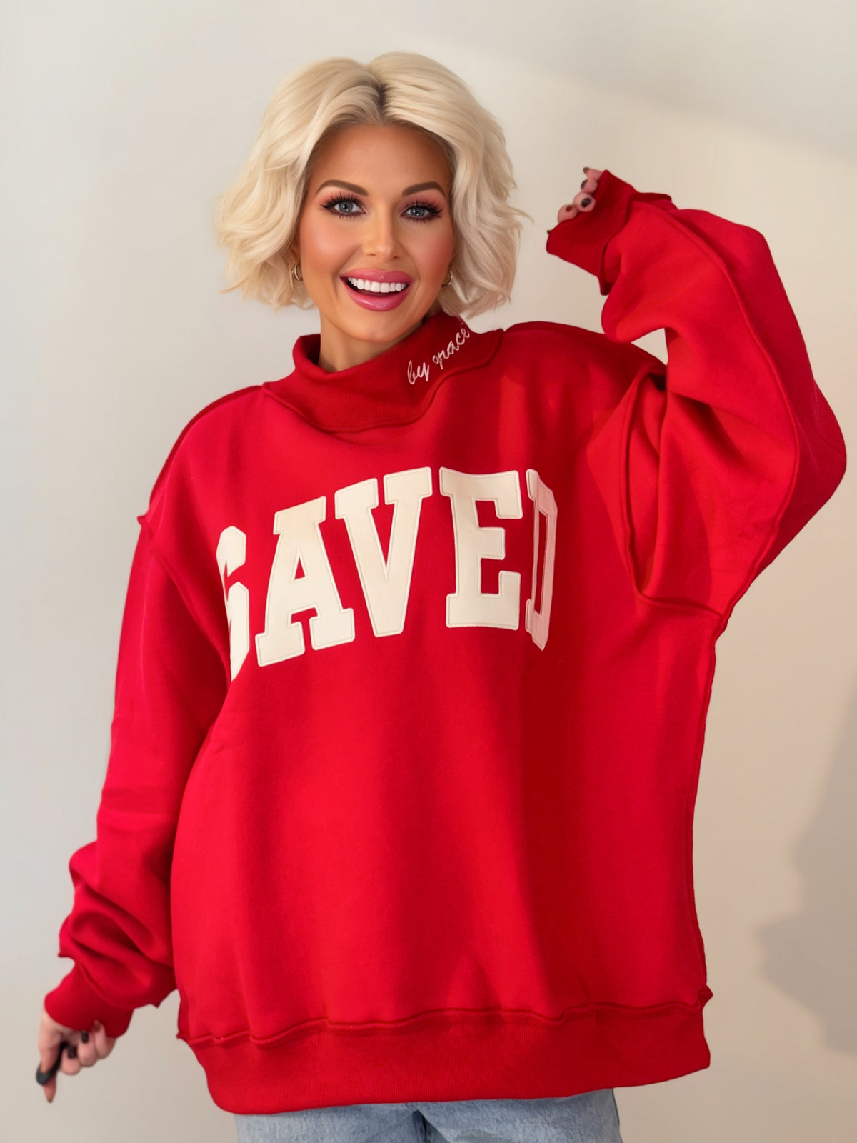 SAVED by Grace Oversized Mock Neck Sweatshirt: Red