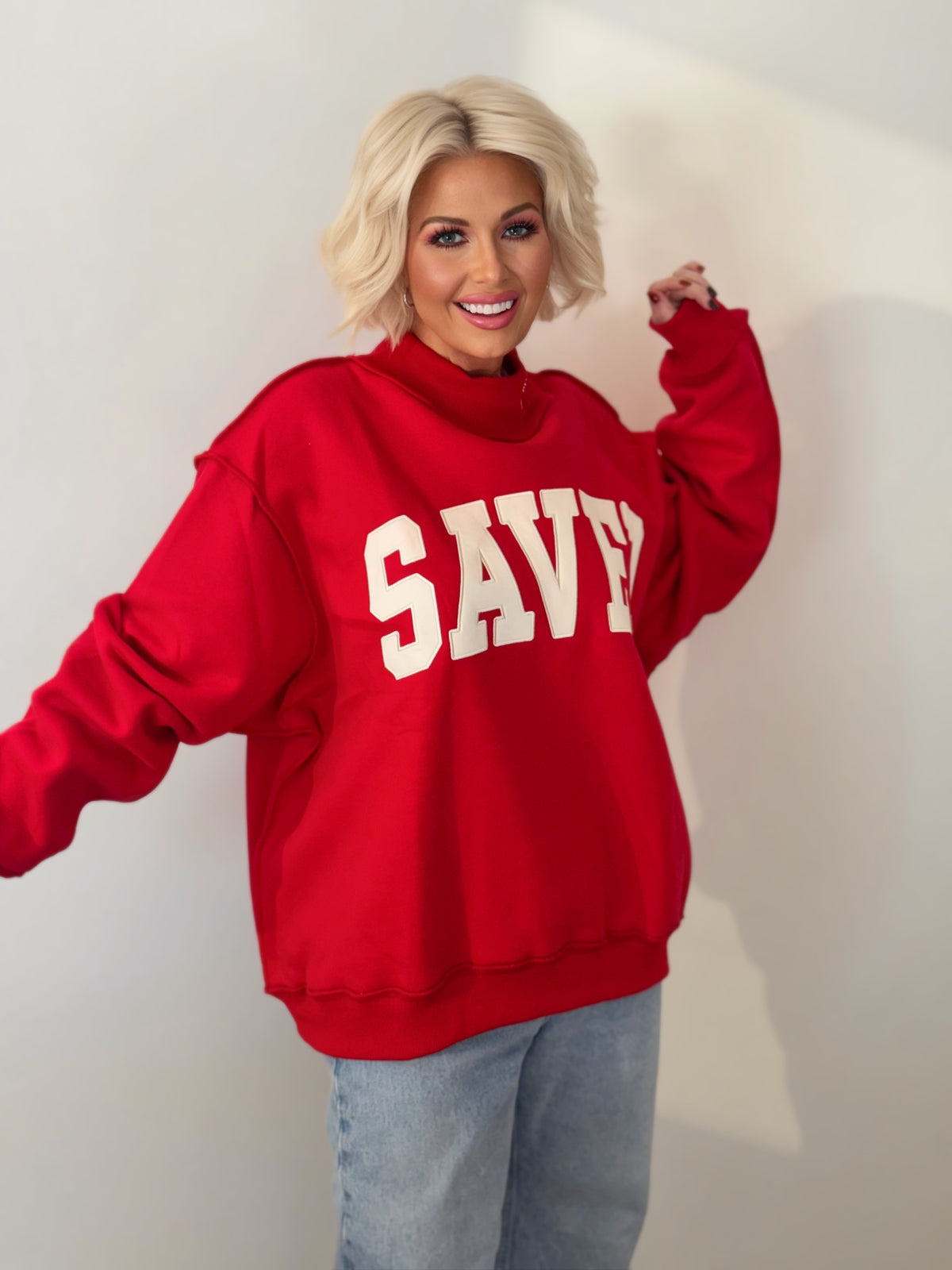 SAVED by Grace Oversized Mock Neck Sweatshirt: Red