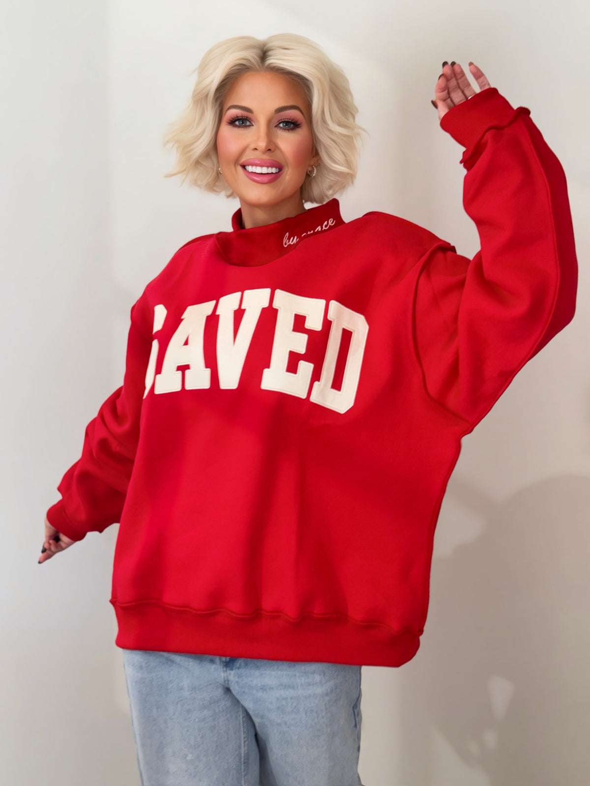 SAVED by Grace Oversized Mock Neck Sweatshirt: Red