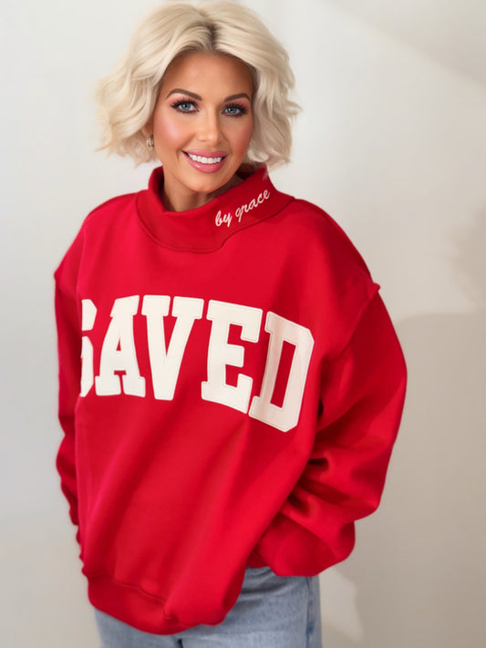 SAVED by Grace Oversized Mock Neck Sweatshirt: Red