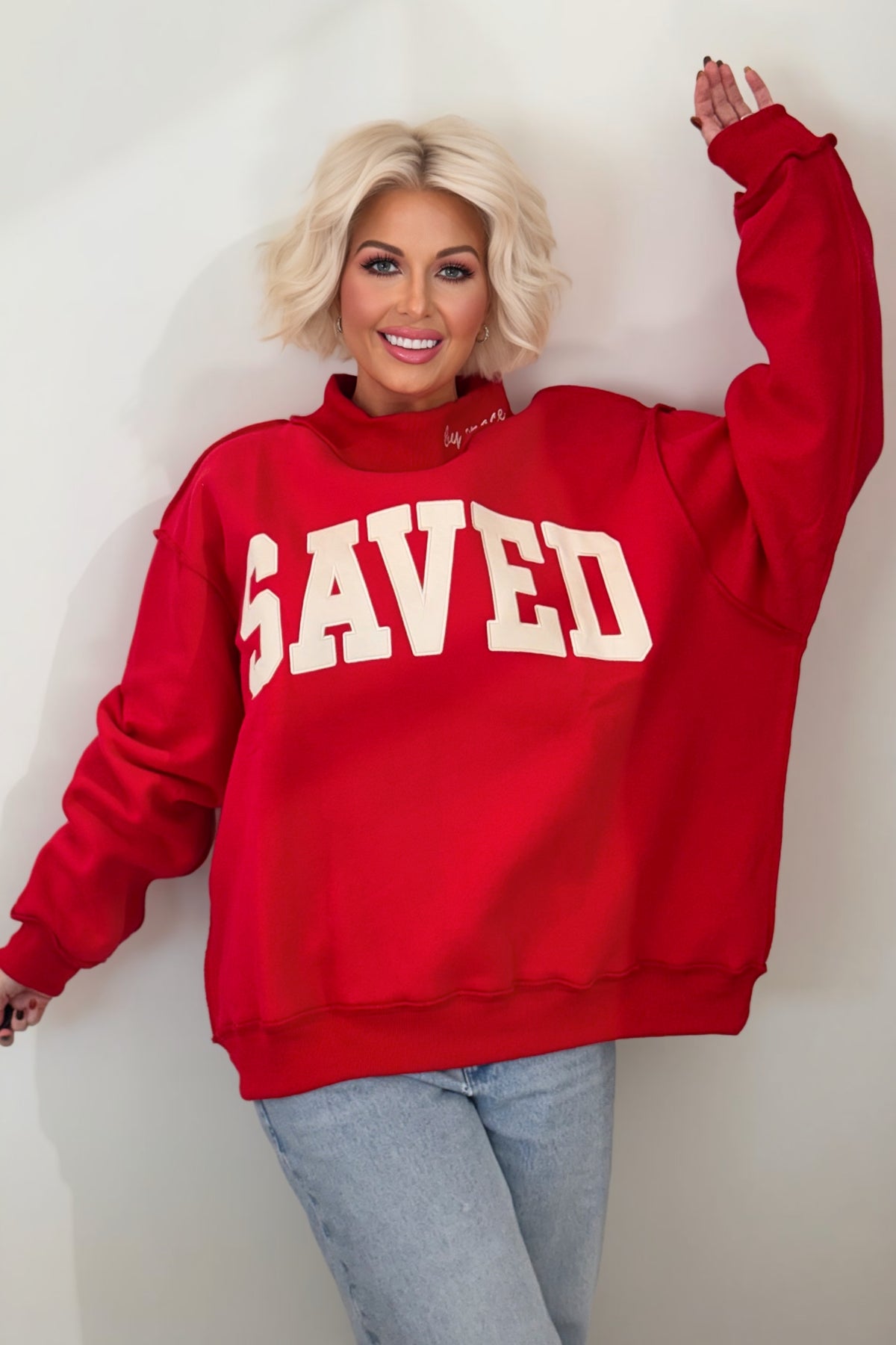 SAVED by Grace Oversized Mock Neck Sweatshirt: Red