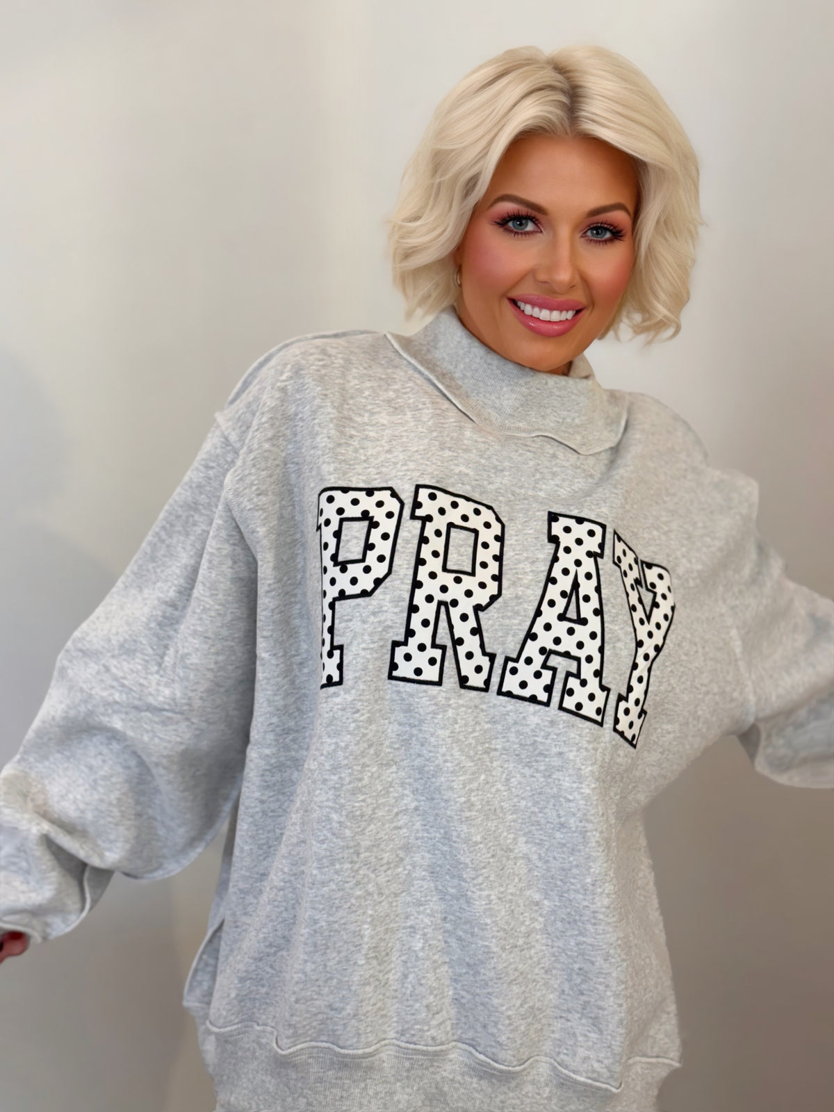 Polka Dot PRAY Appliqué Oversized Mock Neck Sweatshirt