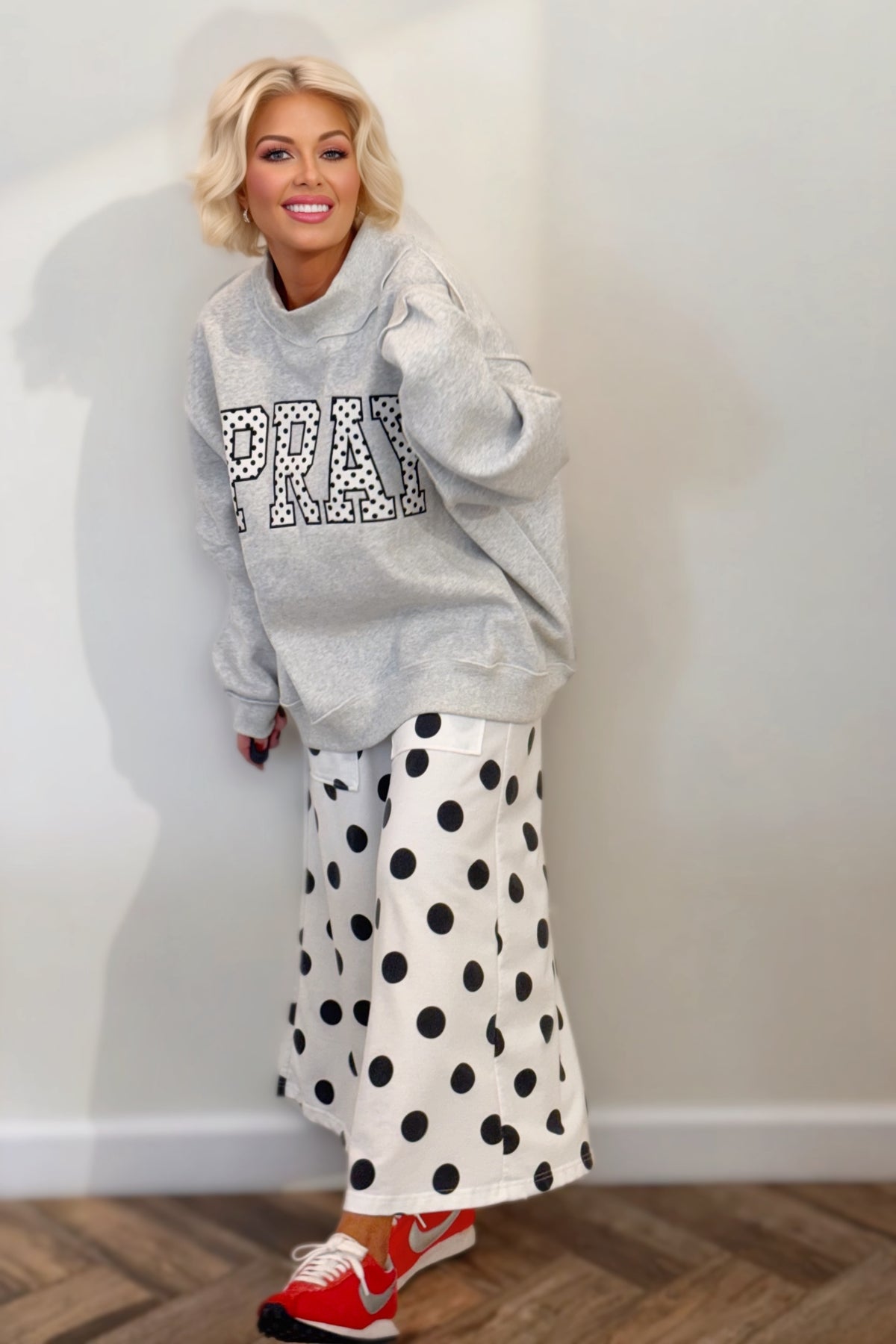 Polka Dot PRAY Appliqué Oversized Mock Neck Sweatshirt