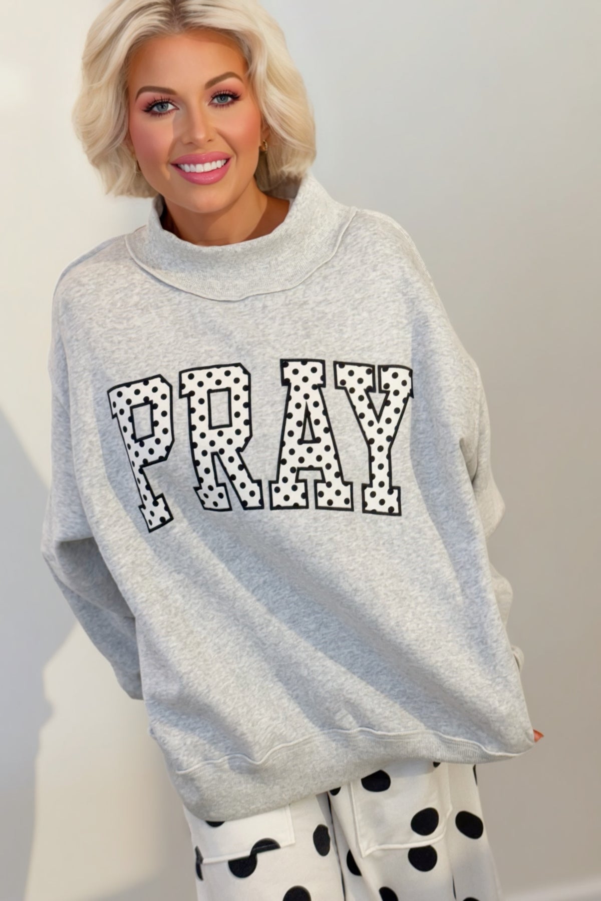 Polka Dot PRAY Appliqué Oversized Mock Neck Sweatshirt
