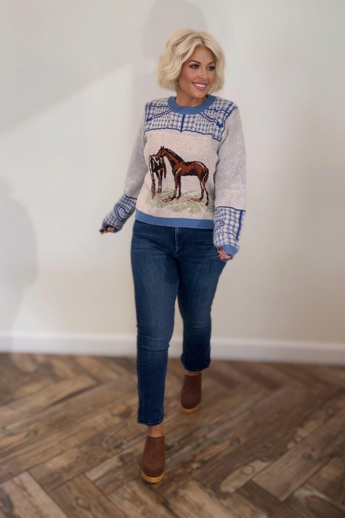Dusty Blue Horse Motif Houndstooth Knit Sweater