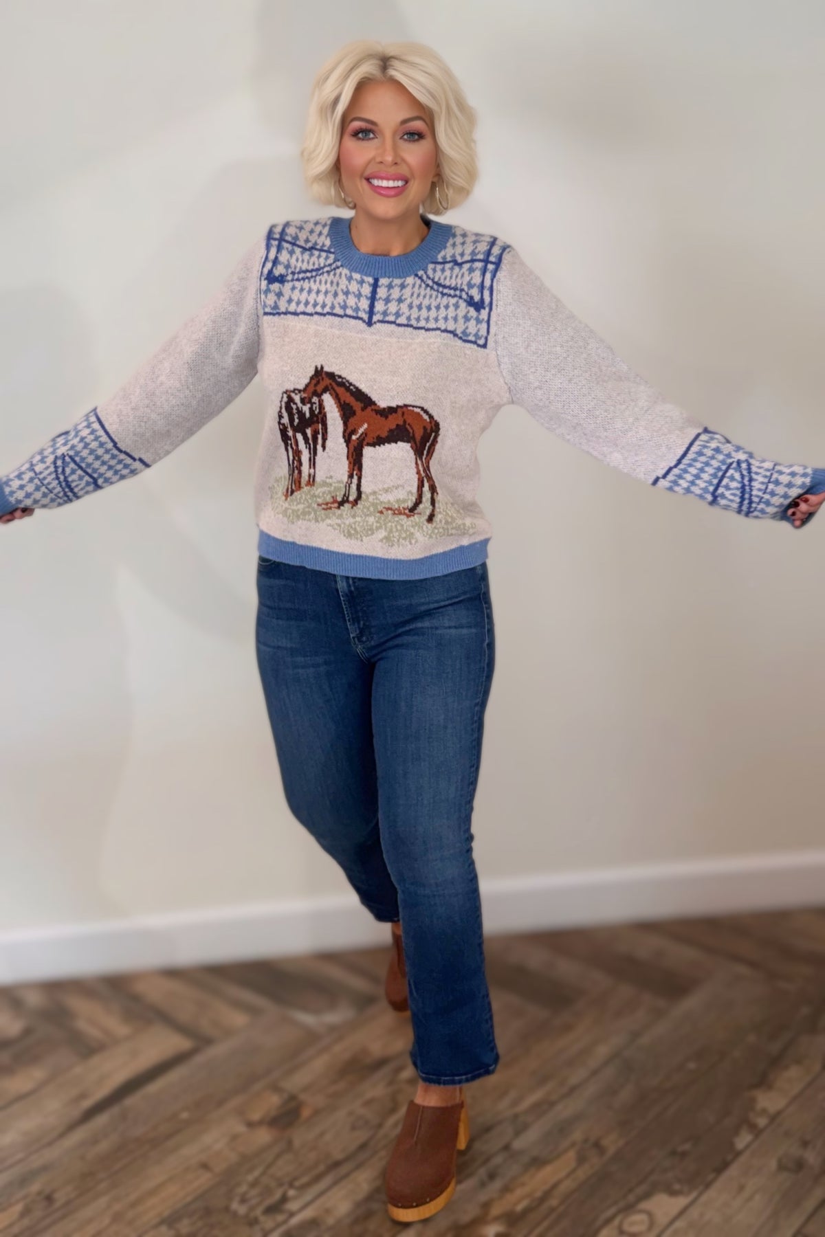 Dusty Blue Horse Motif Houndstooth Knit Sweater