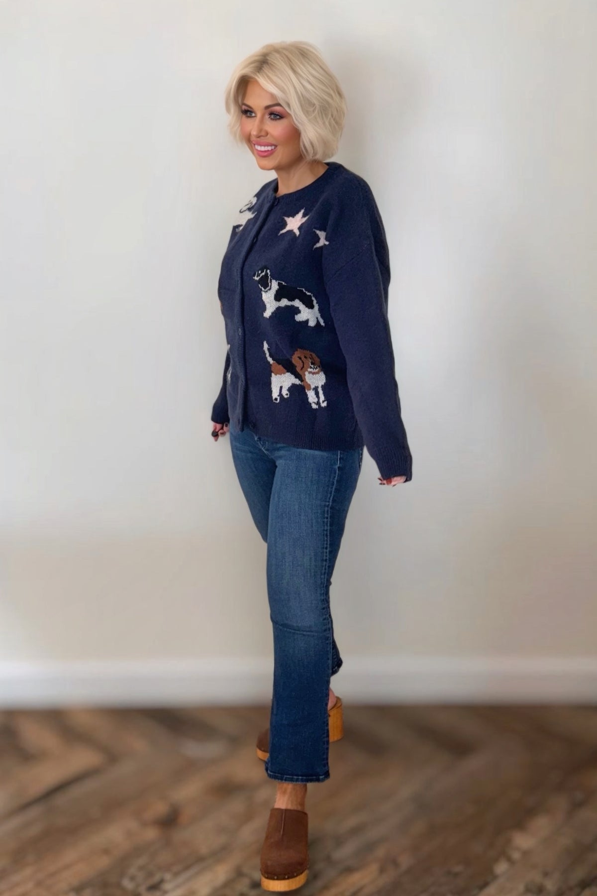 Navy Dog Knit Button-Down Cardigan Sweater