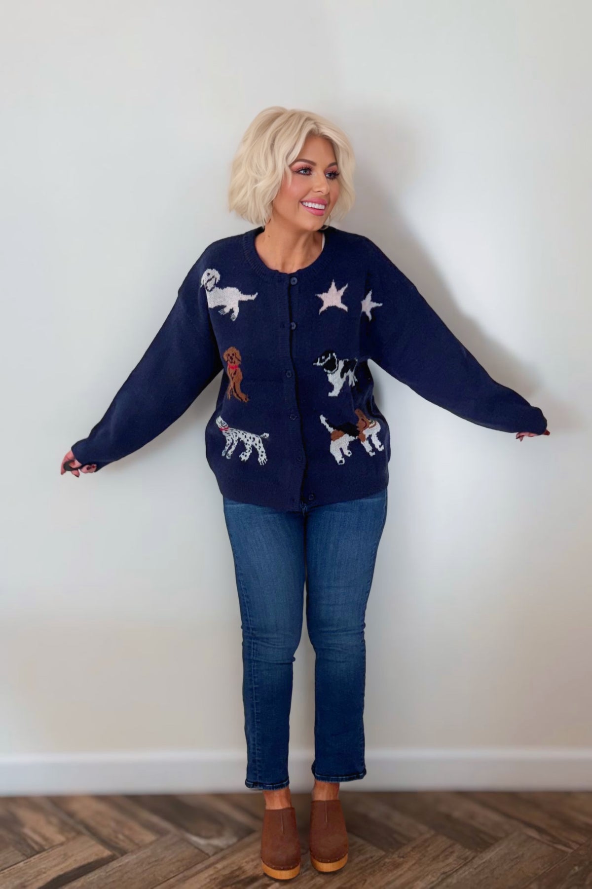 Navy Dog Knit Button-Down Cardigan Sweater