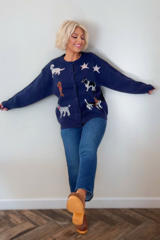 Navy Dog Knit Button-Down Cardigan Sweater