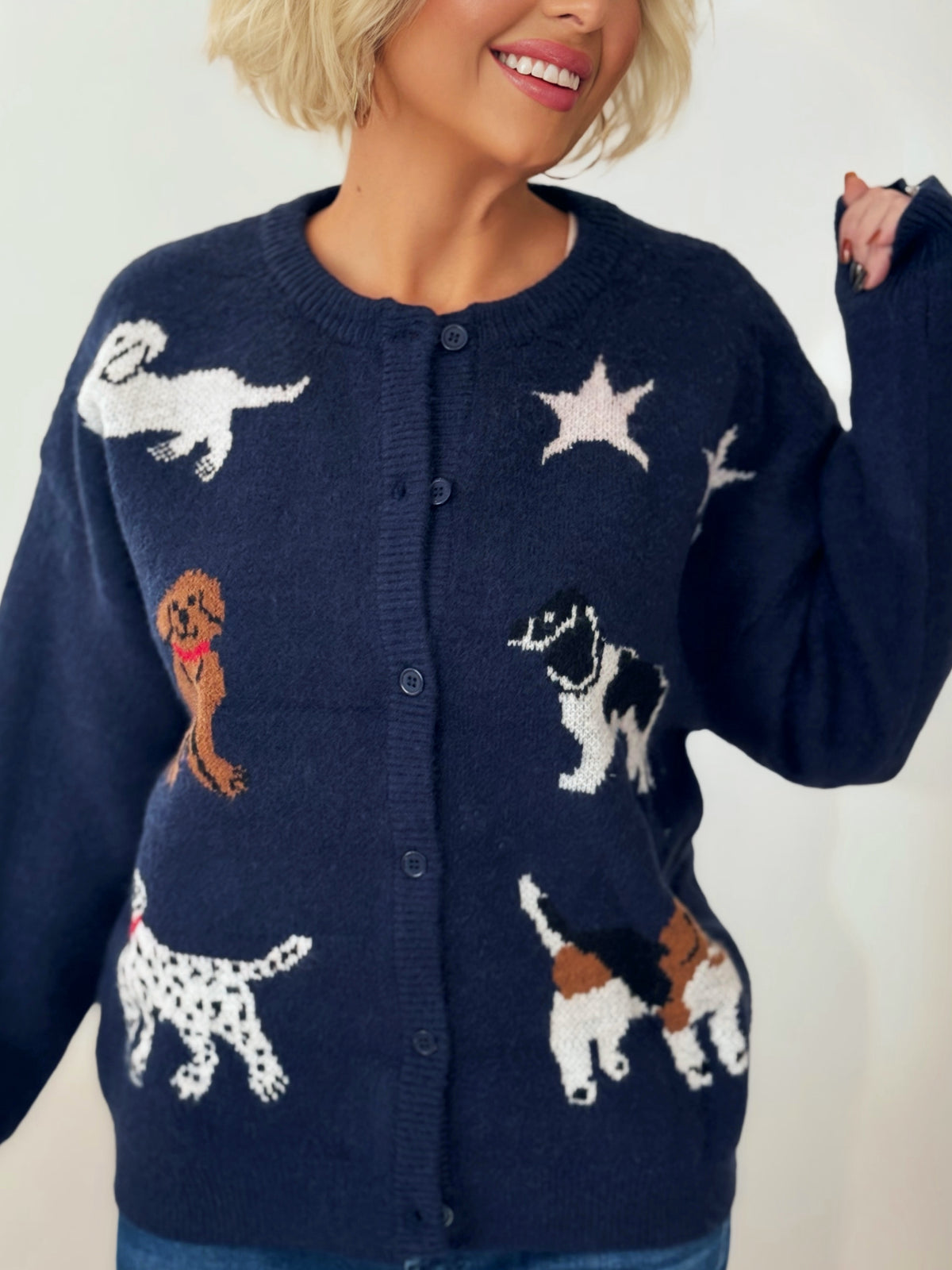 Navy Dog Knit Button-Down Cardigan Sweater