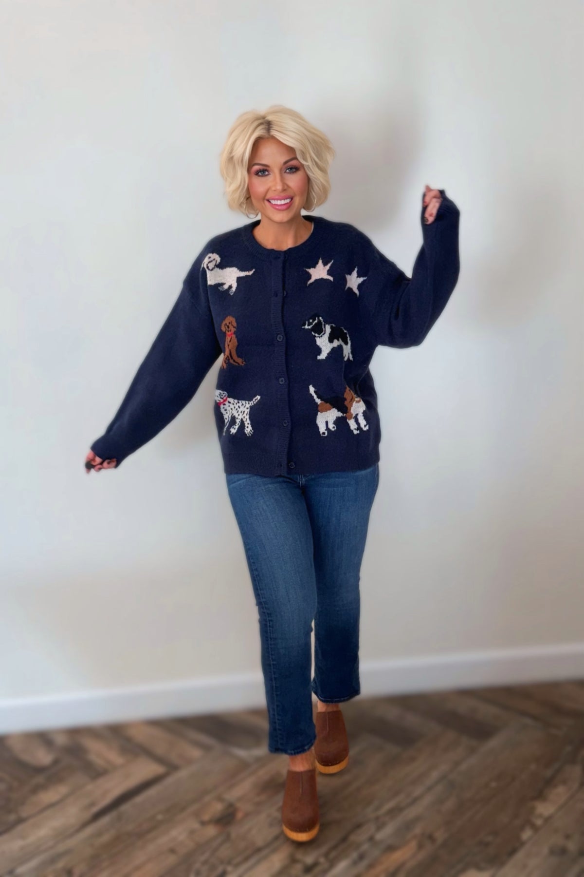 Navy Dog Knit Button-Down Cardigan Sweater