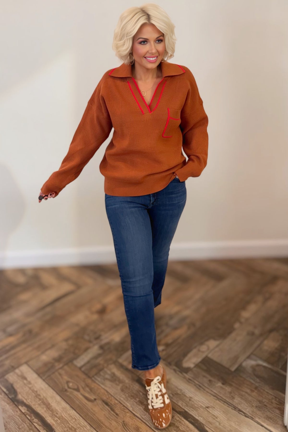 Ginger Ribbed Collared V-Neck Pullover Sweater
