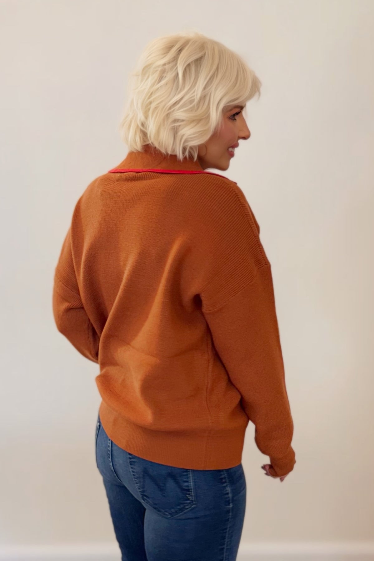 Ginger Ribbed Collared V-Neck Pullover Sweater