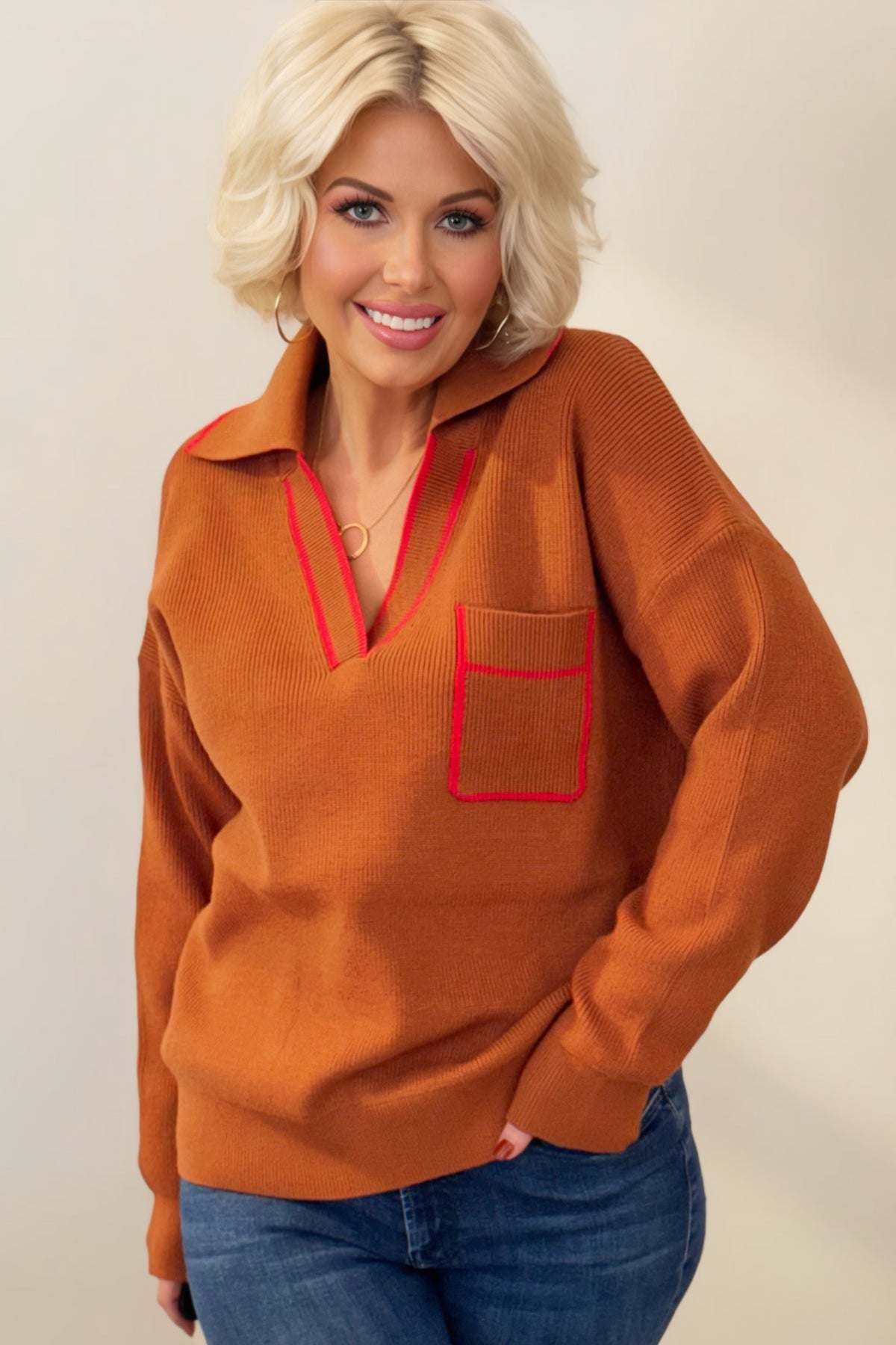 Ginger Ribbed Collared V-Neck Pullover Sweater