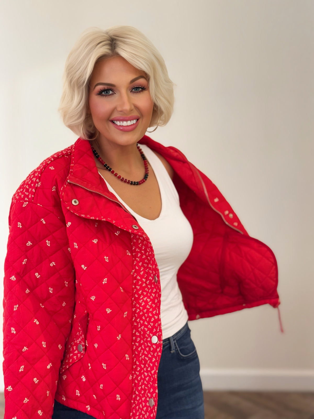 Red Floral Quilted Jacket with Contrast Trim