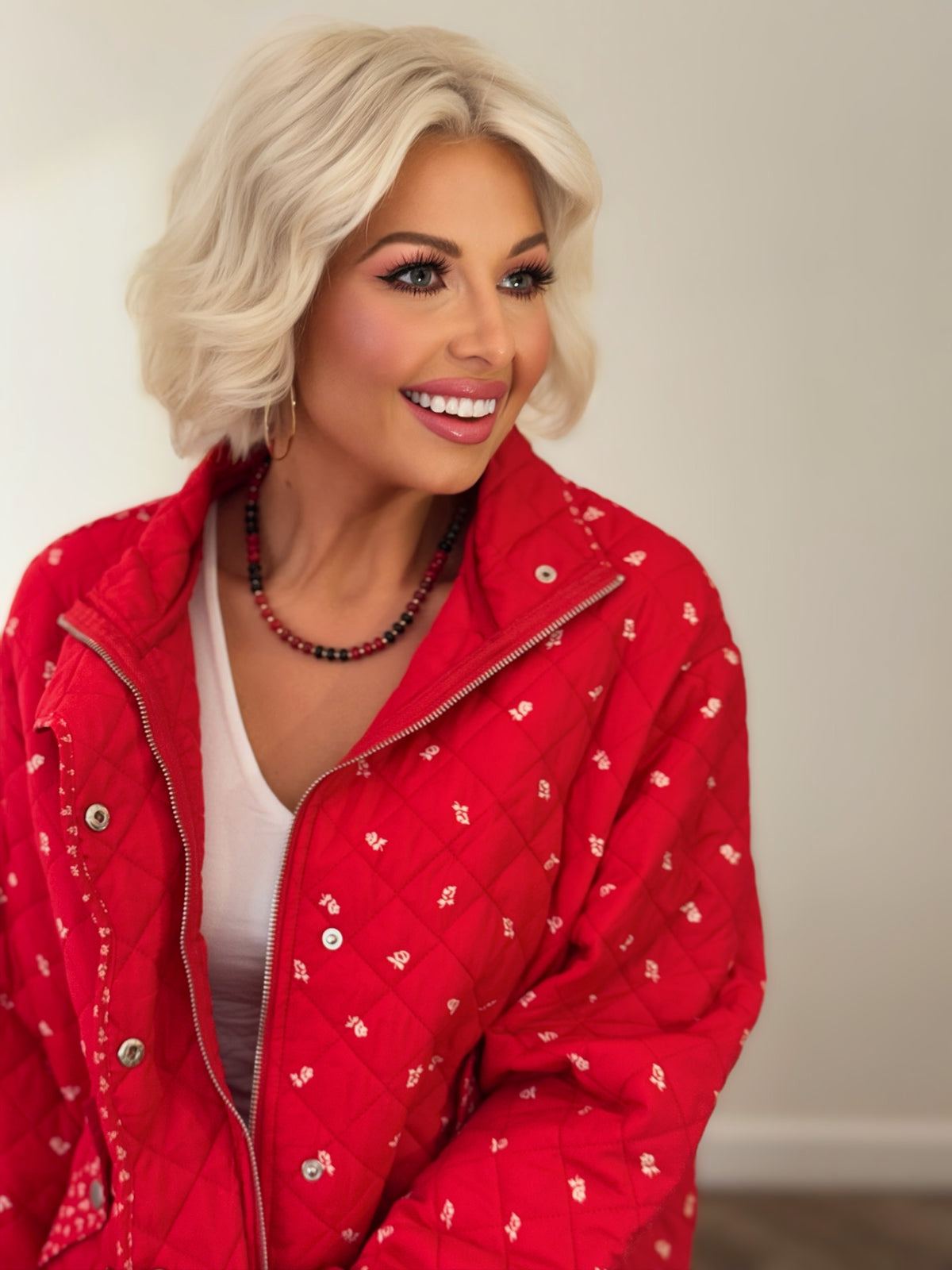 Red Floral Quilted Jacket with Contrast Trim