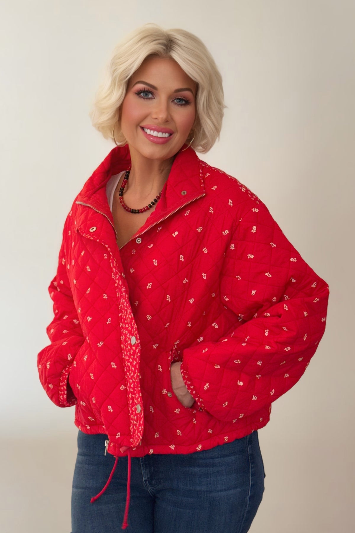 Red Floral Quilted Jacket with Contrast Trim